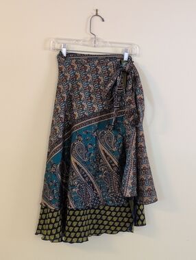 Asymmetrical Teal Paisley Wrap Skirt with Contrast Hem